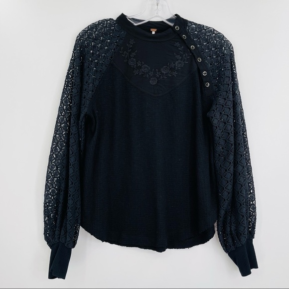 Free People sweetest thing thermal lace crochet bishop balloon sleeves - Picture 1 of 10